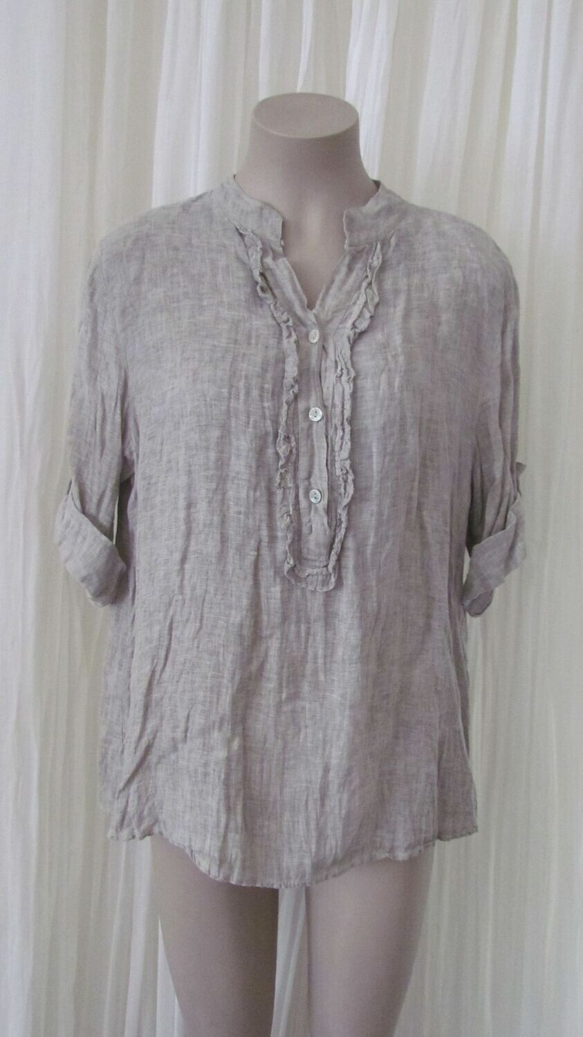 Beige Linen Ruffle Button Top