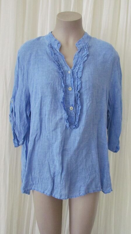 Royal Blue Linen Ruffle Button Top Royal Blue Linen Ruffle Button Top