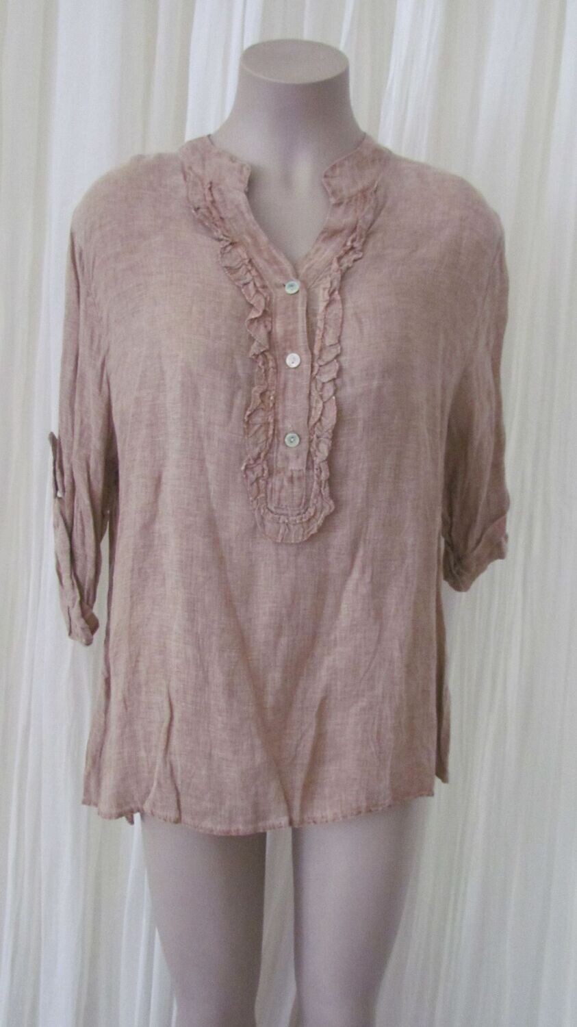 Mocha Linen Ruffle Button Top