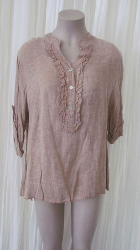 Mocha Linen Ruffle Button Top Mocha Linen Ruffle Button Top