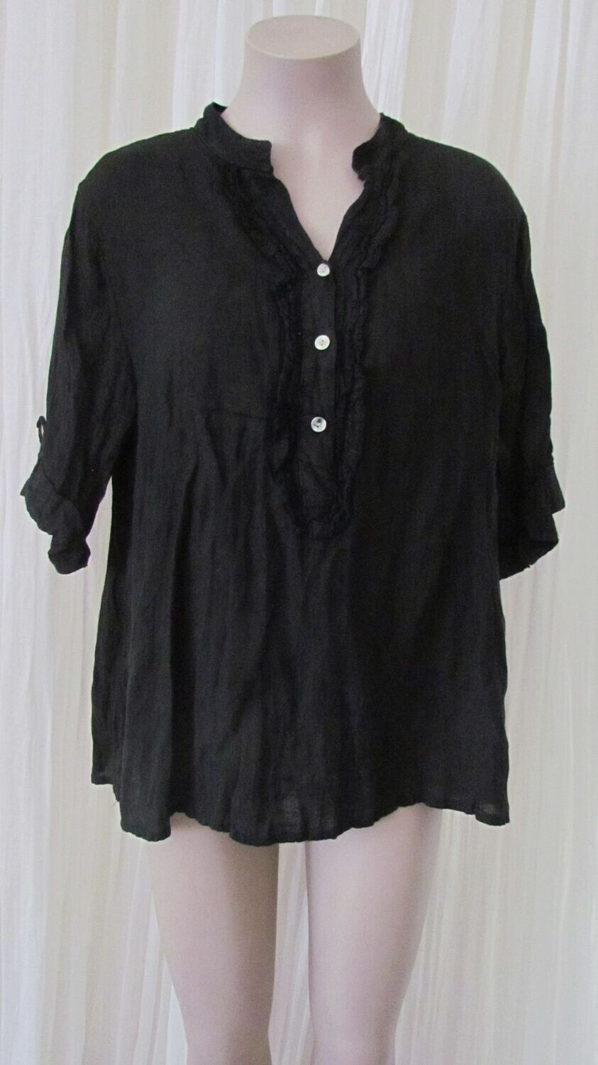 Black Linen Ruffle Button Top