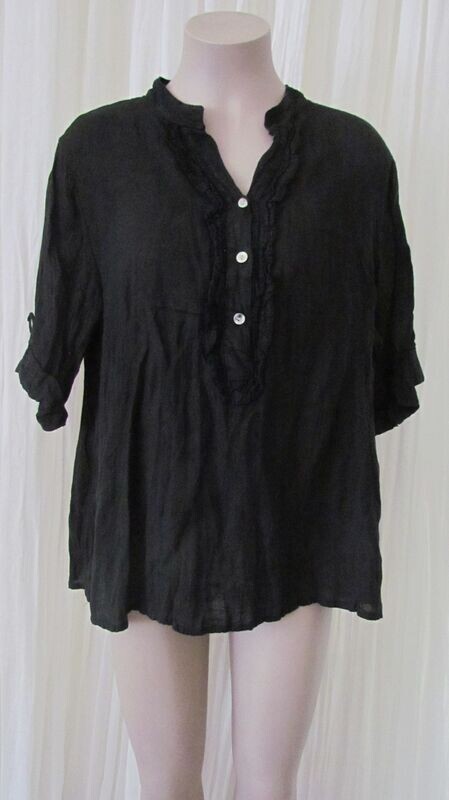Black Linen Ruffle Button Top Black Linen Ruffle Button Top