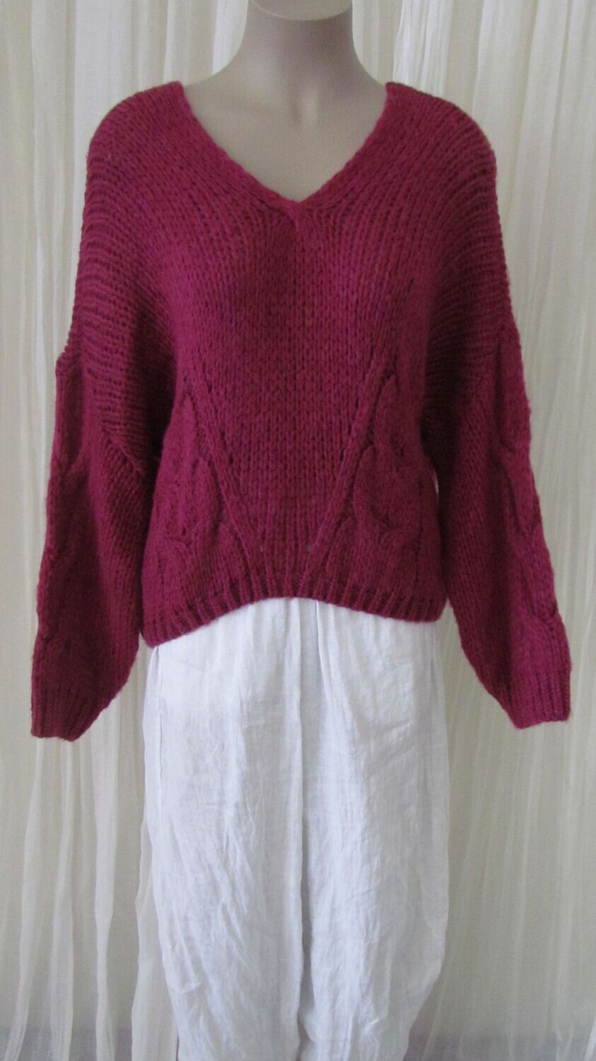 Magenta  Wool Knitted Drop Shoulder Crop Box Top