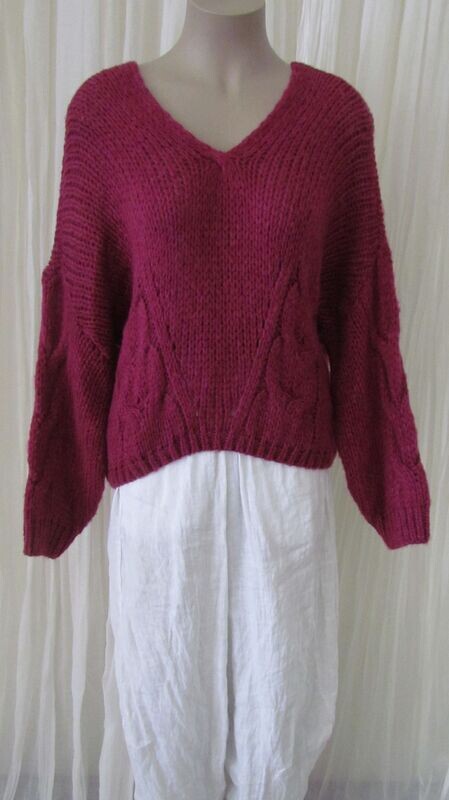 Magenta  Wool Knitted Drop Shoulder Crop Box Top