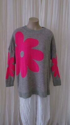 Grey Floral Oversized Knitted Wool Box Jumper