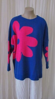 Royal Blue Floral Oversized Wool Knitted Box Jumper