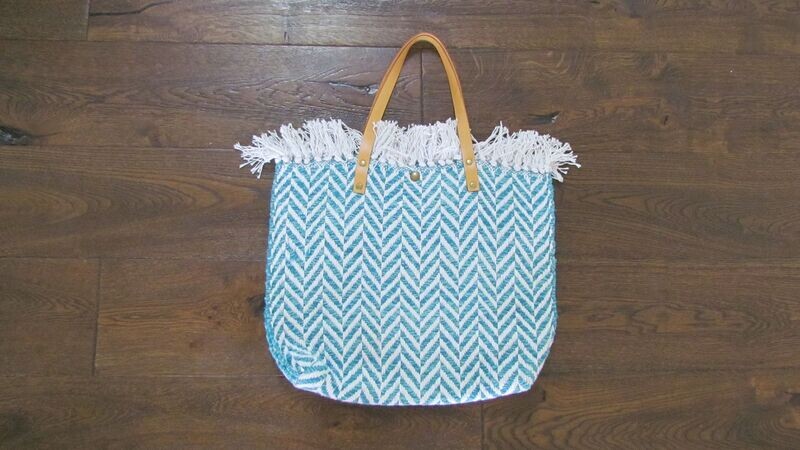 Aqua and White Cotton Beach Bag