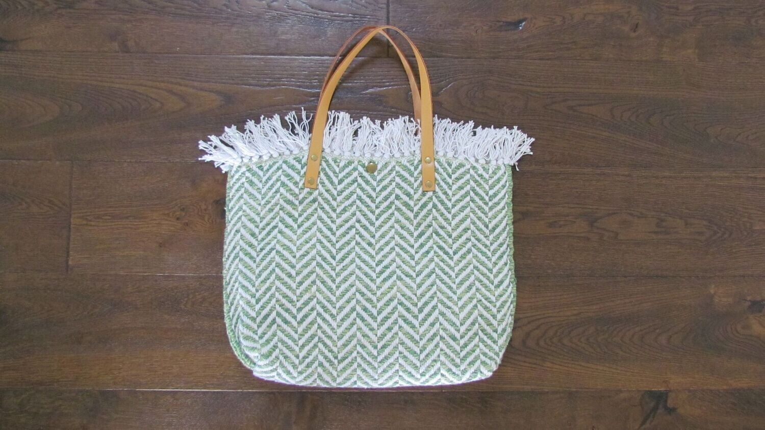 Green and White Cotton Beach Bag