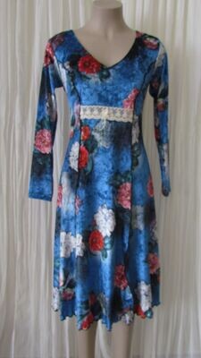 Blue Floral Stretch Velvet Dress