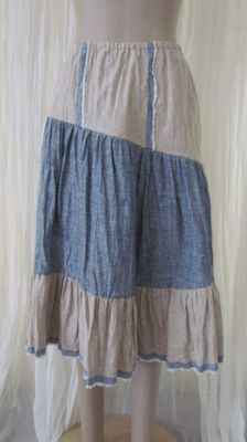 Denim/Beige Linen Raw Edge Skirt
