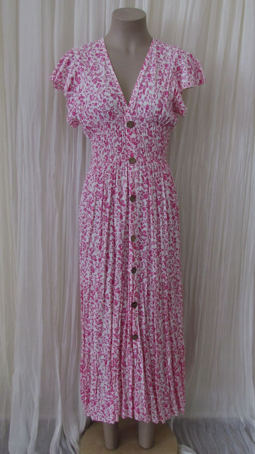 Fuchsia Button Front Floral Ruffle Maxi Dress