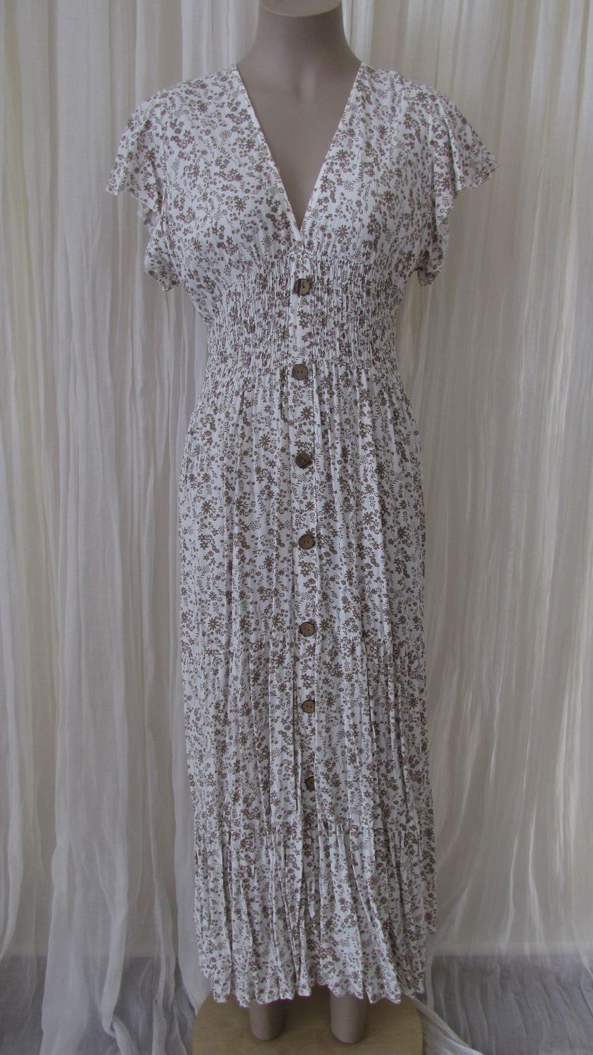 Beige Button Front Floral Ruffle Maxi Dress