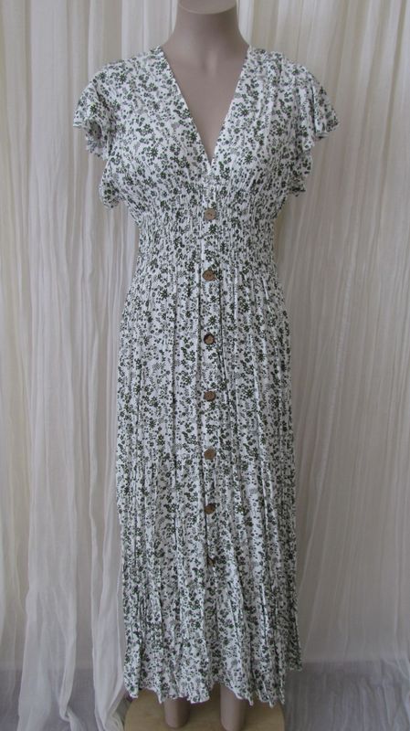 Khaki Button Front Floral Ruffle Maxi Dress