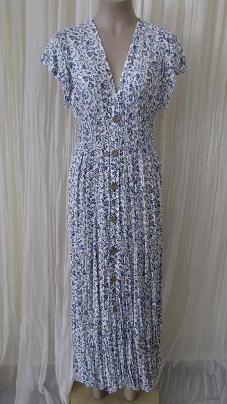 Denim Button Front Floral Ruffle Maxi Dress