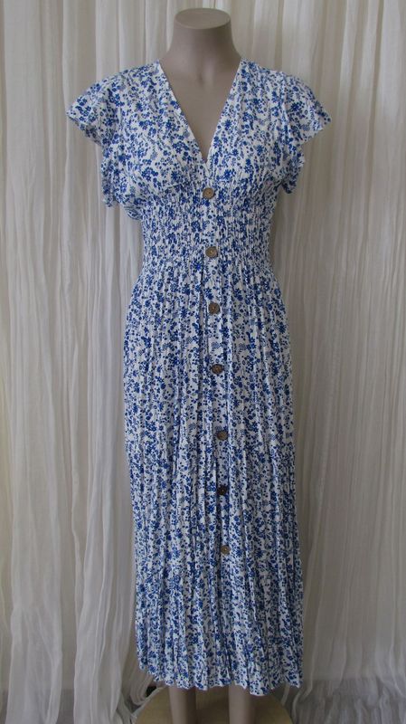 Royal Blue Button Front Floral Ruffle Maxi Dress