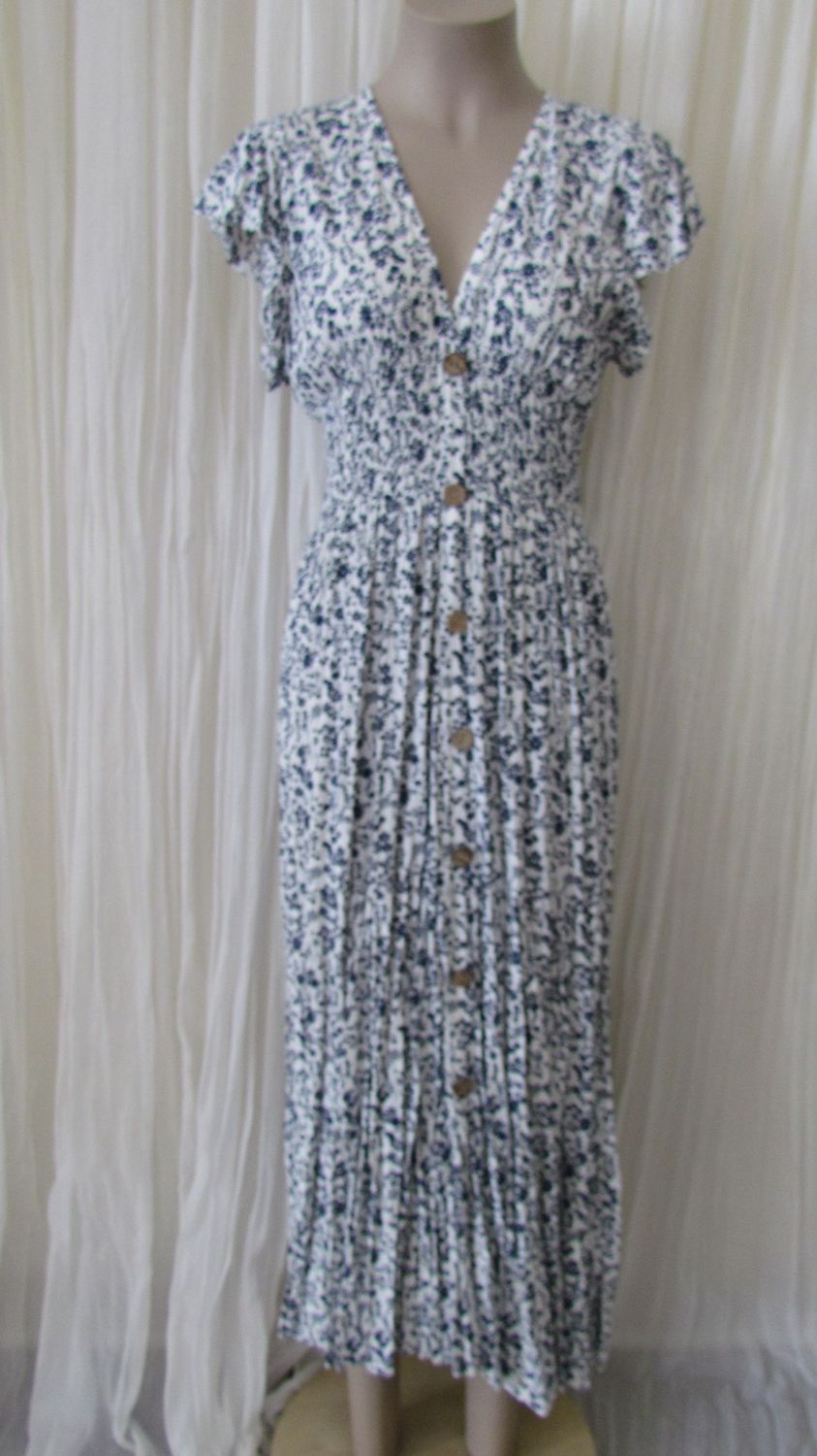 Navy Button Front Floral Ruffle Maxi Dress