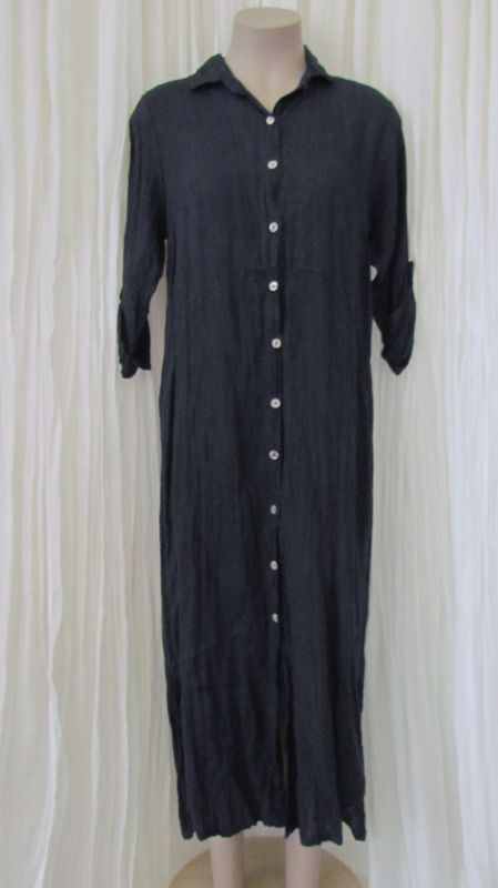 Navy Button Front Linen Shirt Dress