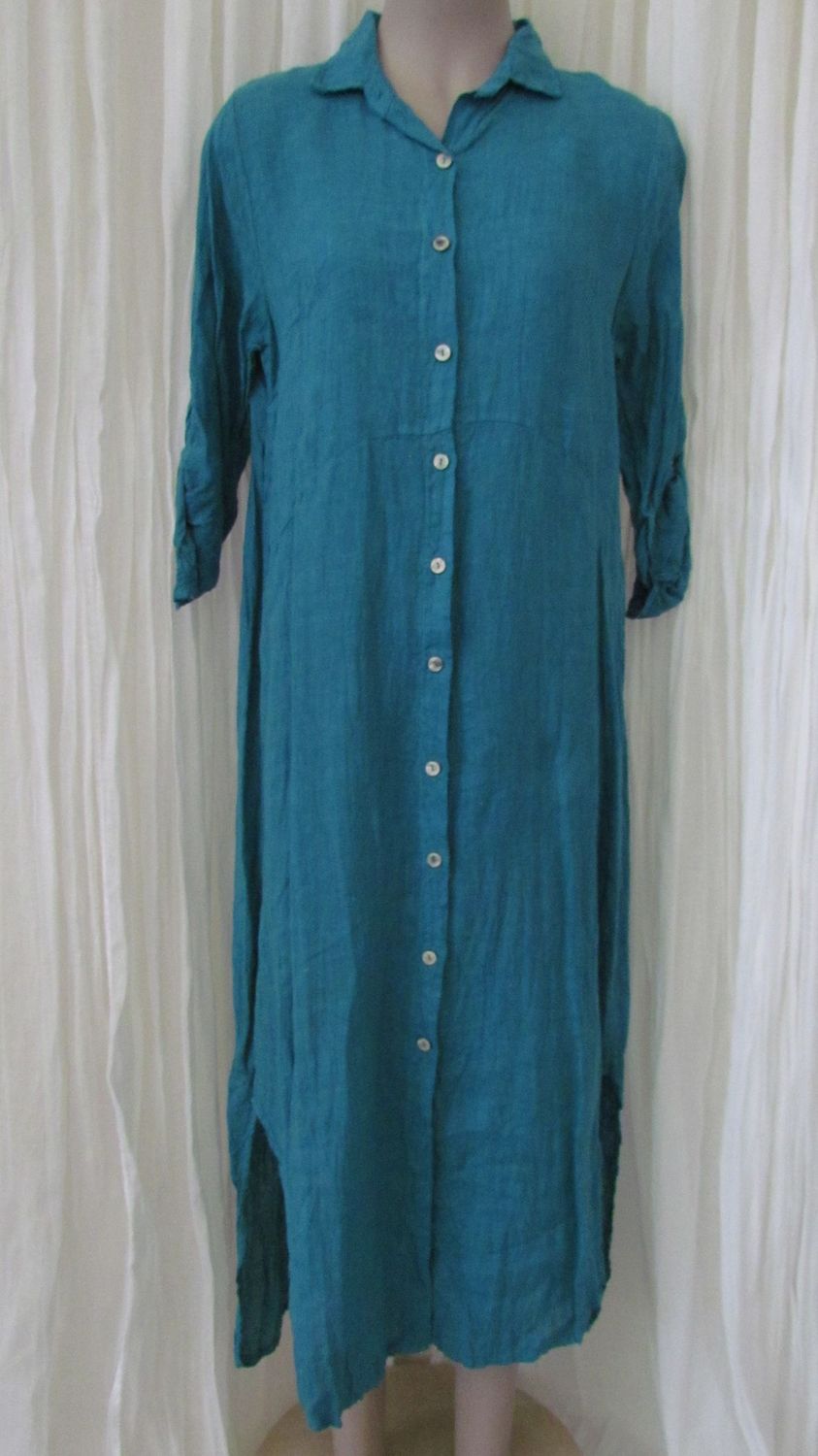 Ocean Blue Button Front Linen Shirt Dress