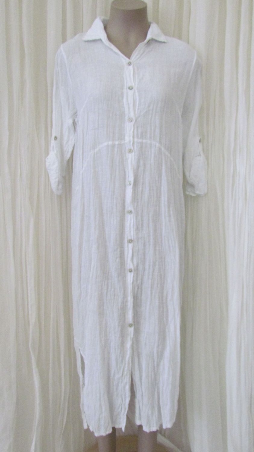 White Button Front Linen Shirt Dress