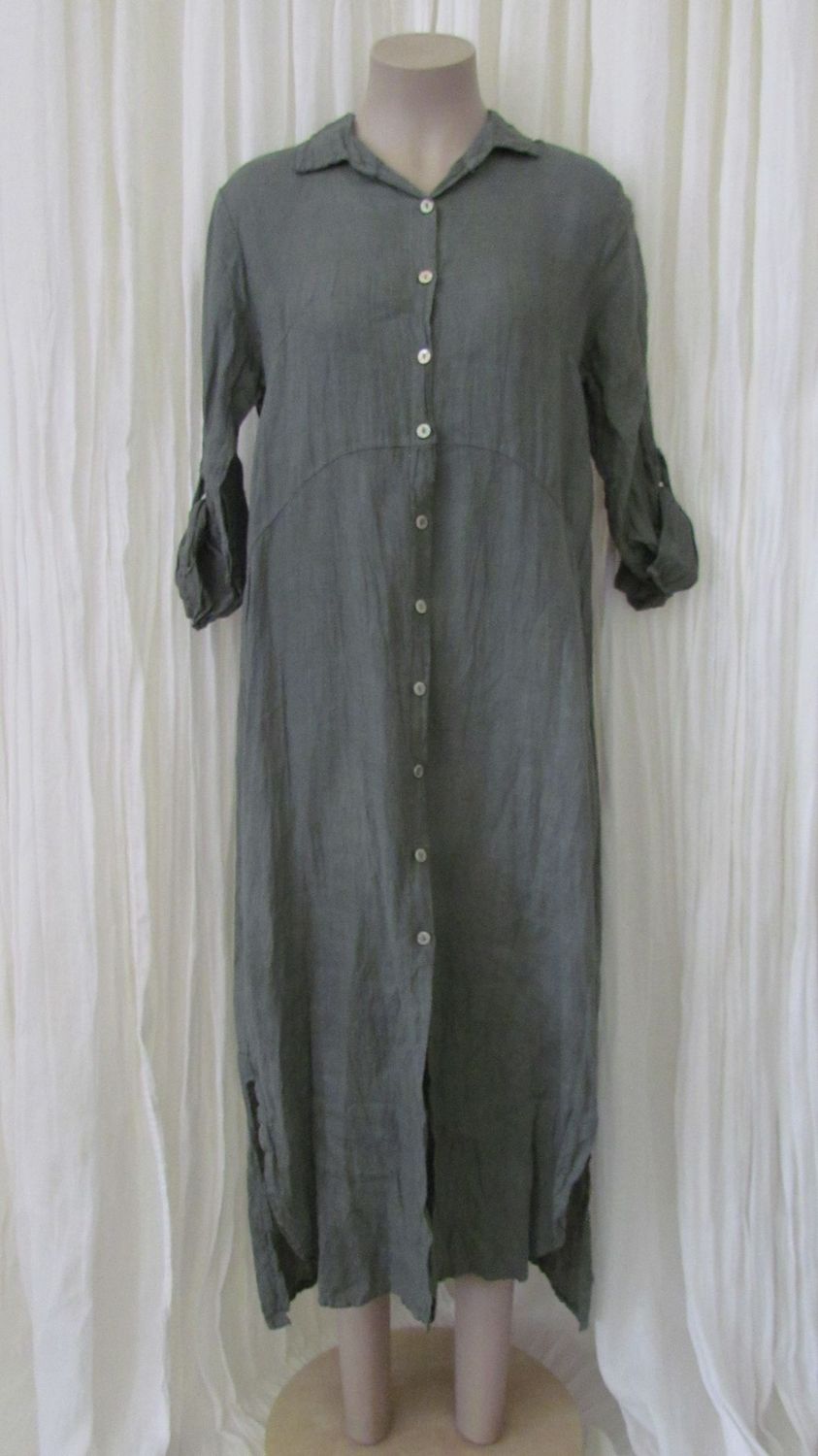 Khaki Button Front Linen Shirt Dress