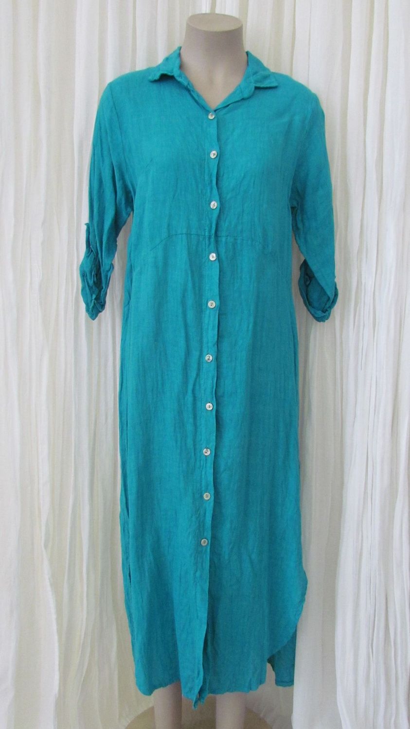 Aqua Button Front Linen Shirt Dress