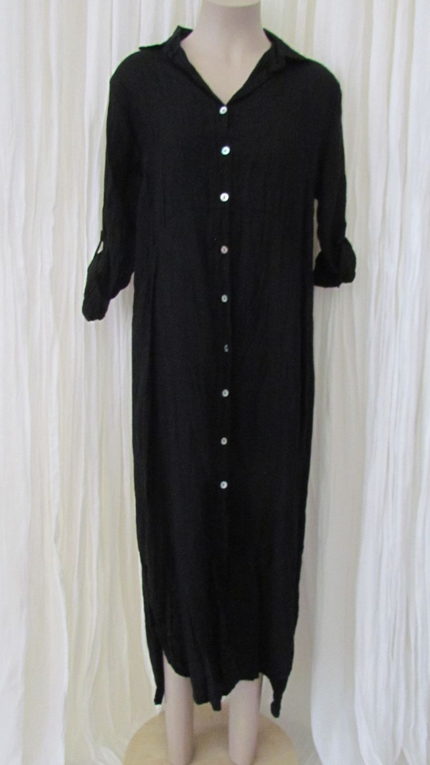 Black Button Front Linen Shirt Dress