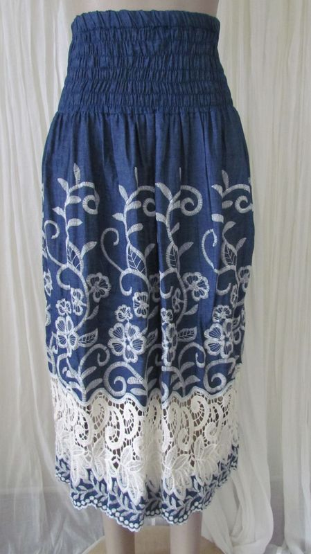Denim Embroided Shirred Waist Skirt