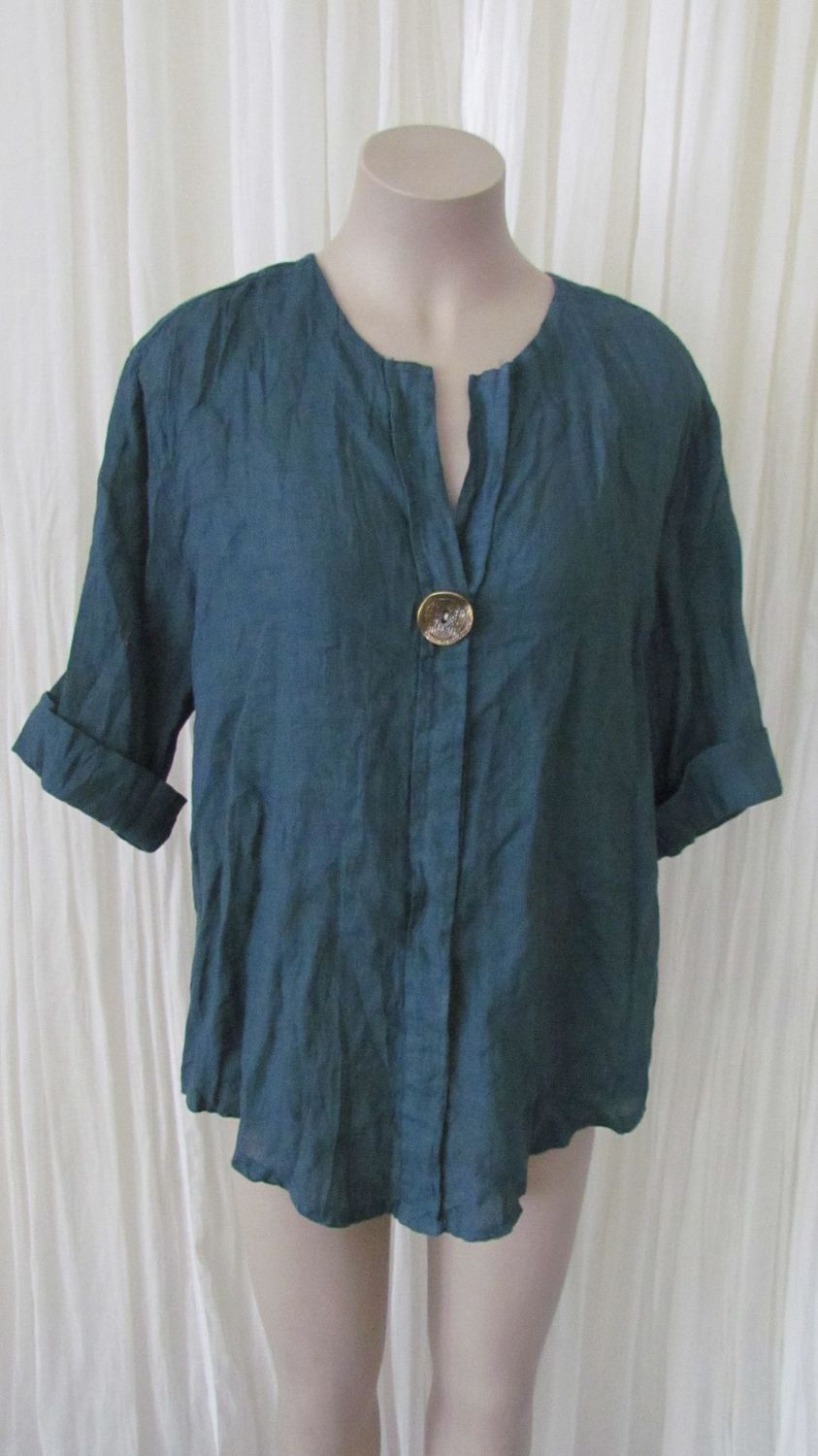 Teal Hi Lo Linen Shirt Top Button