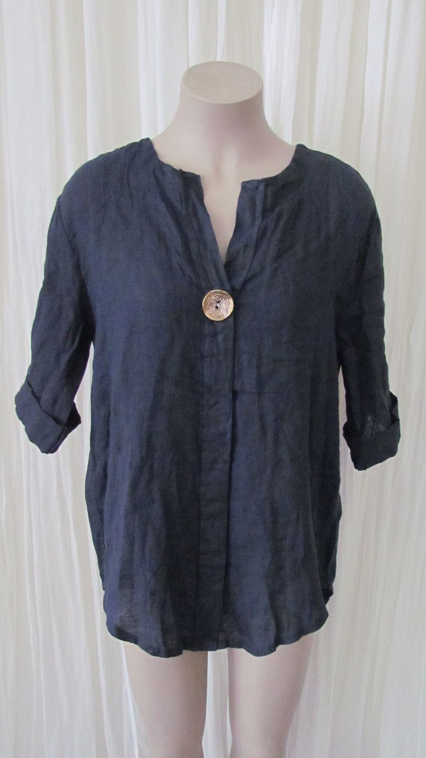 Black Hi Lo Linen Shirt Top Button