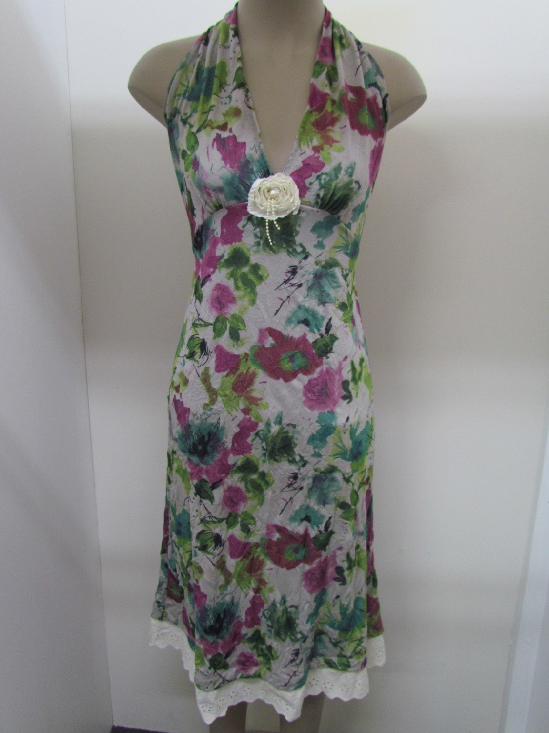 Cerise/Green floral crush halted dress