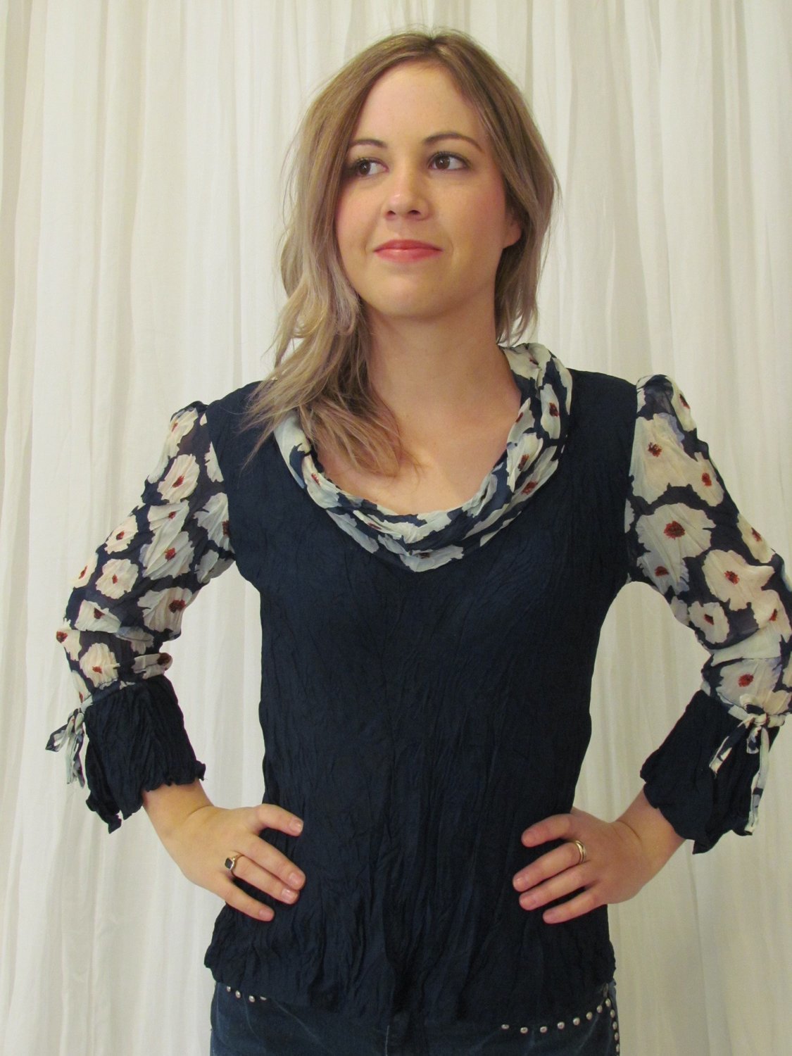 Blue floral cowl neck top