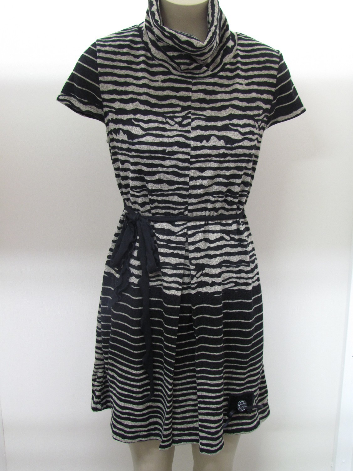 ​Black/ natural stripe dress with tie polyester