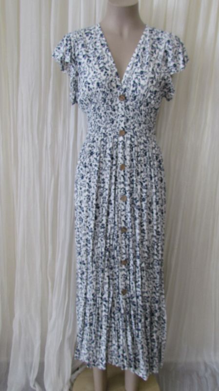 Navy Button Front Floral Ruffle Maxi Dress
