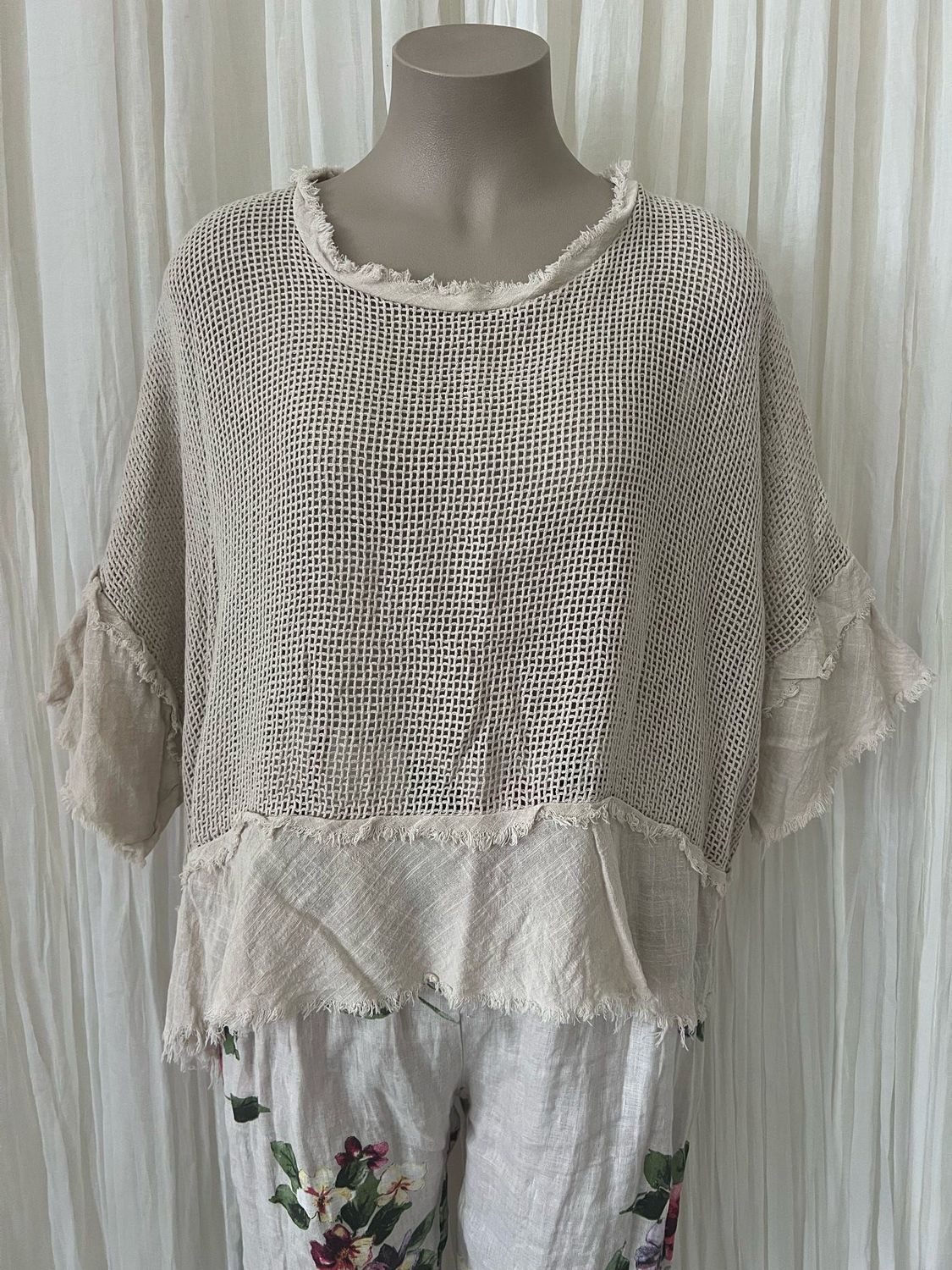 Beige Cotton Raw Edge Crop Top