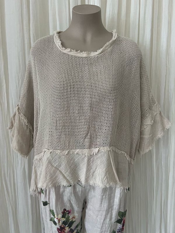 Beige Cotton Raw Edge Crop Top