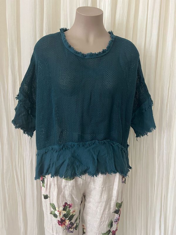 Teal Cotton Raw Edge Crop Top