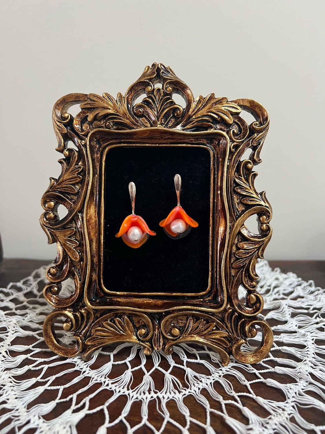 Orange and Pearl Handcrafted Art Glass Earrings