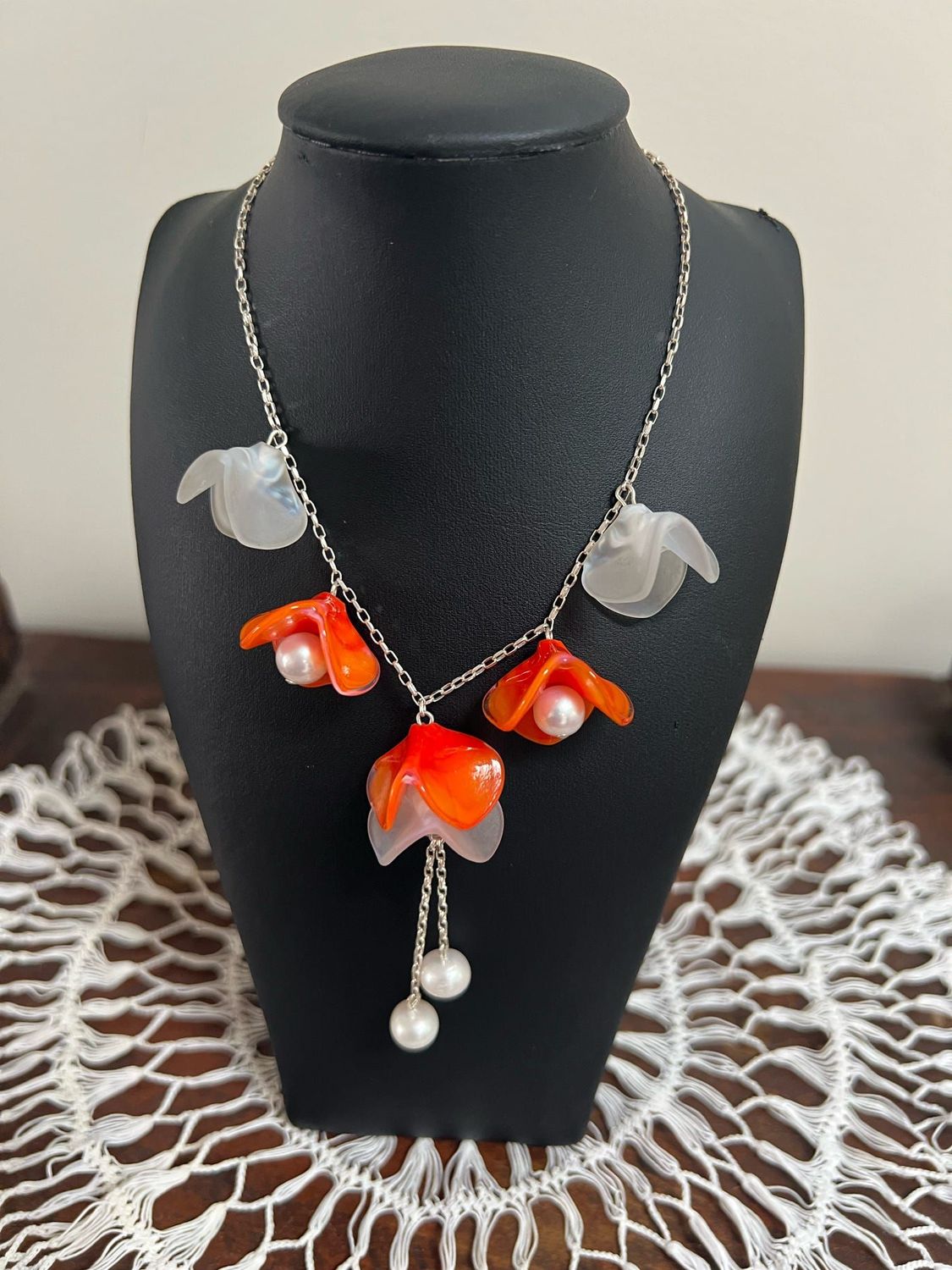 Orange and Pearl Handcrafted Art Glass Necklace