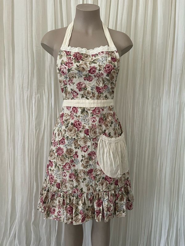Beige Vintage Floral Linen Apron