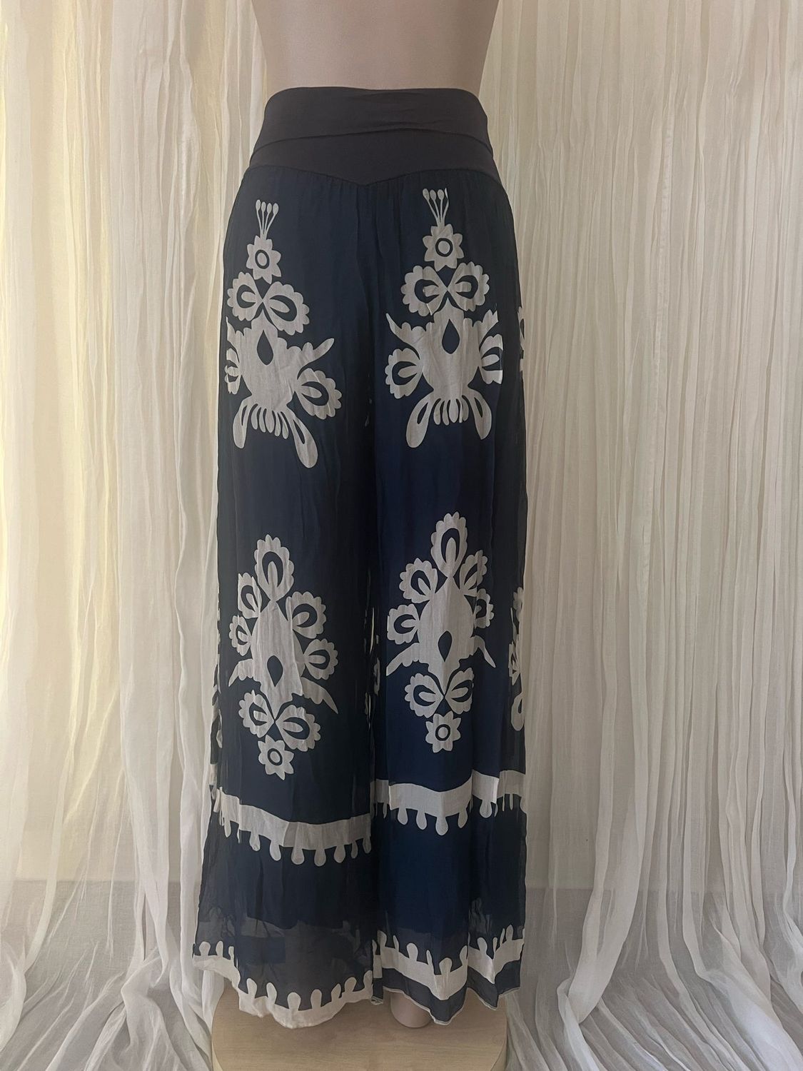 Navy Silk Wide Leg Pant