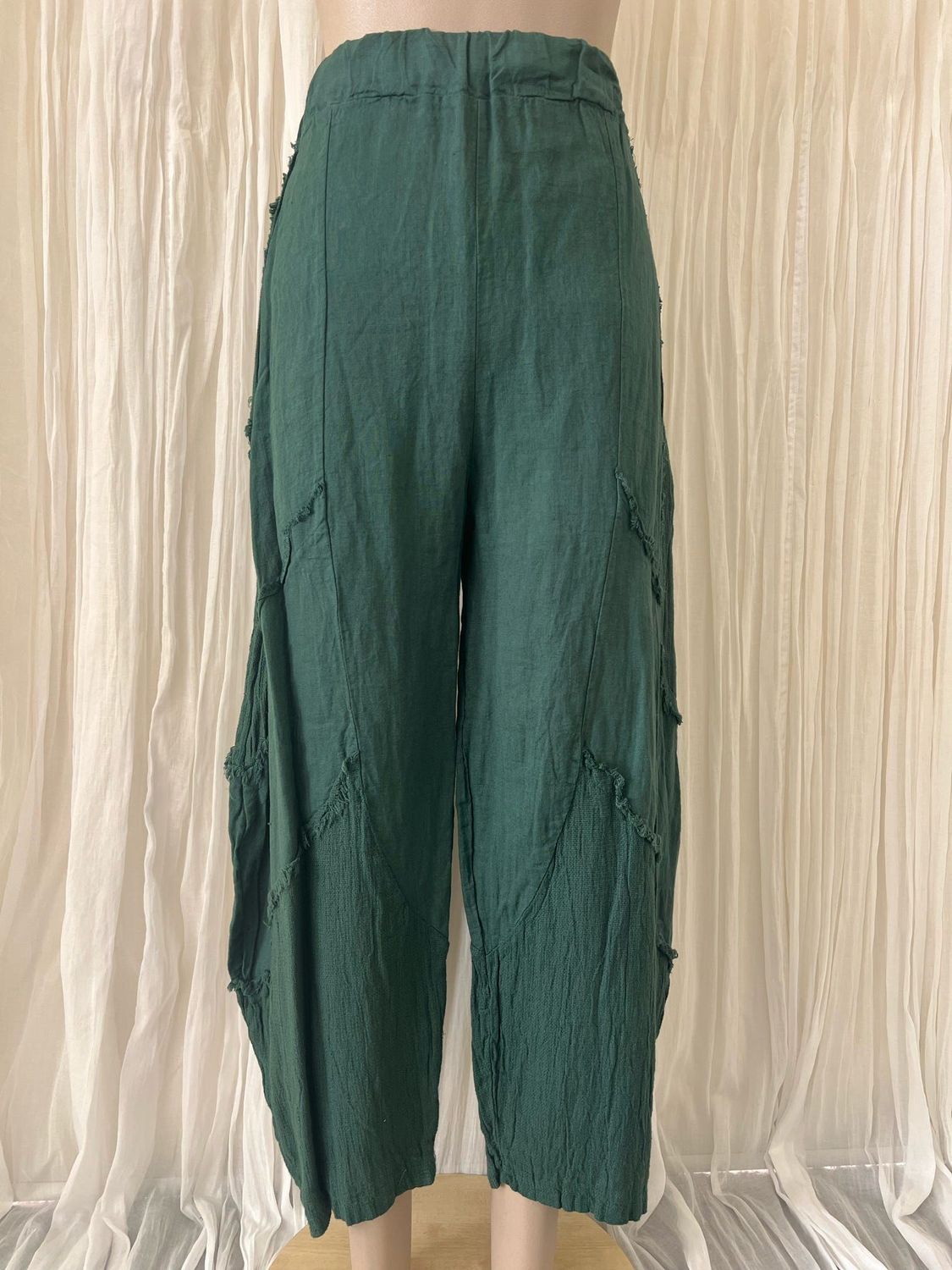 Bottle Green Linen Raw Edge Linen Pants