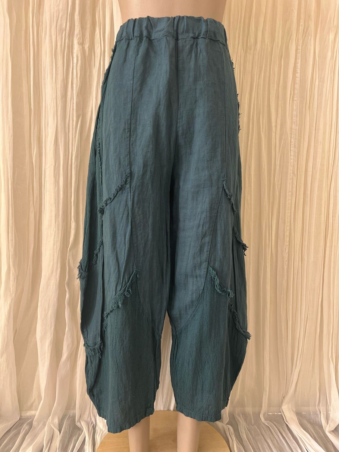 Teal Linen Raw Edge Linen Pants