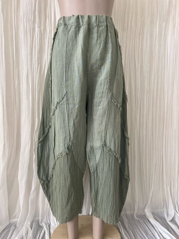 Khaki Linen Raw Edge Linen Pants