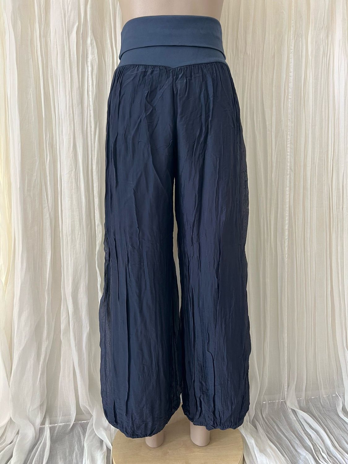 Navy Silk Lined Wide Leg Pants