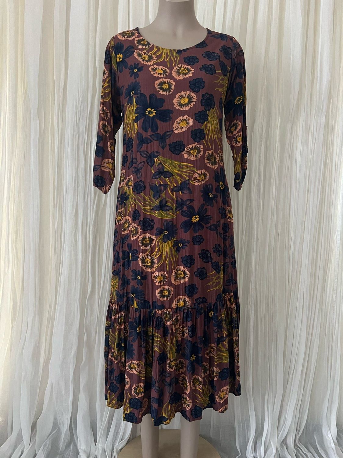 Navy Autumn Floral Linen Dress