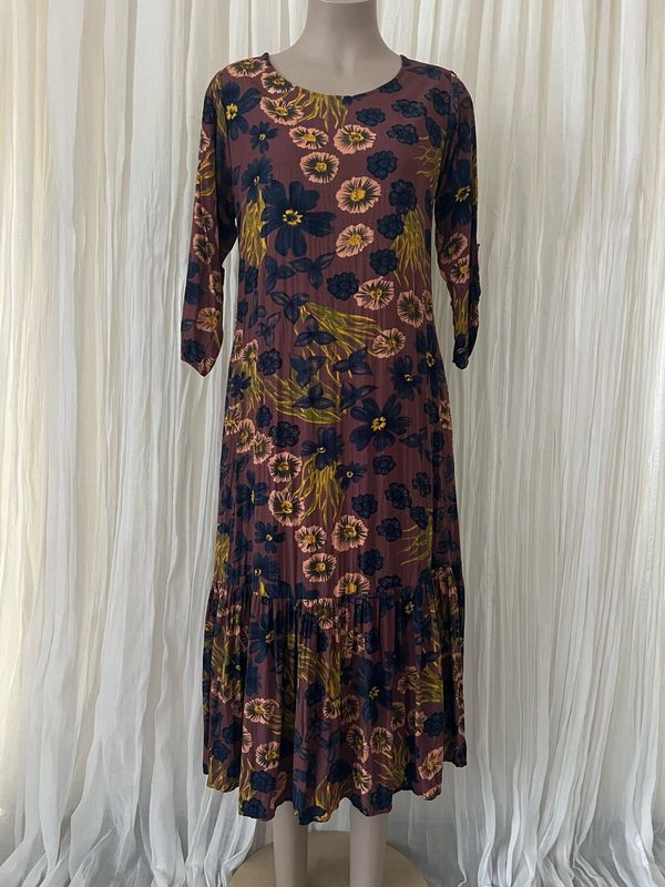 Navy Autumn Floral Linen Dress
