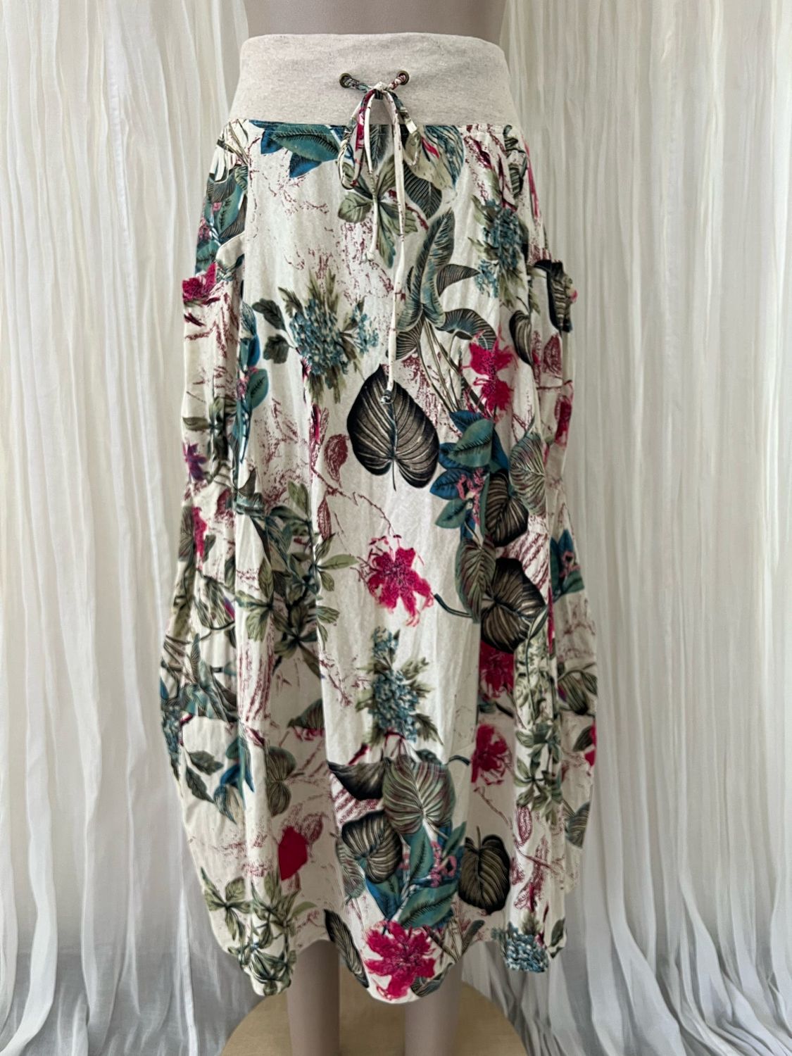 Natural Floral Linen Cocoon Skirt Natural Floral Linen Cocoon Skirt