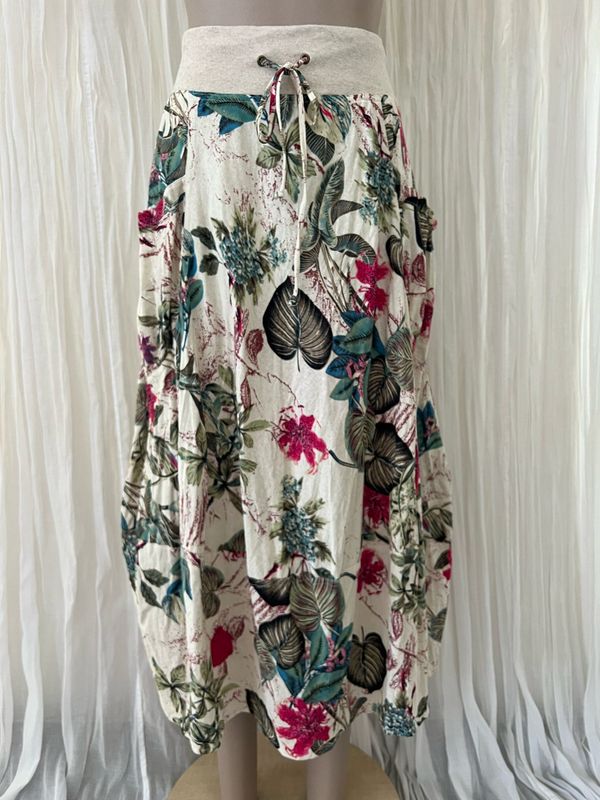 Natural Floral Linen Cocoon Skirt Natural Floral Linen Cocoon Skirt
