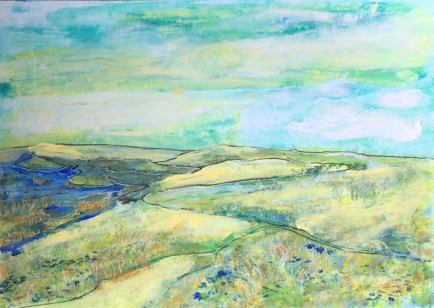 "Land of Yellow" Framed original landscape watercolour and acrylic