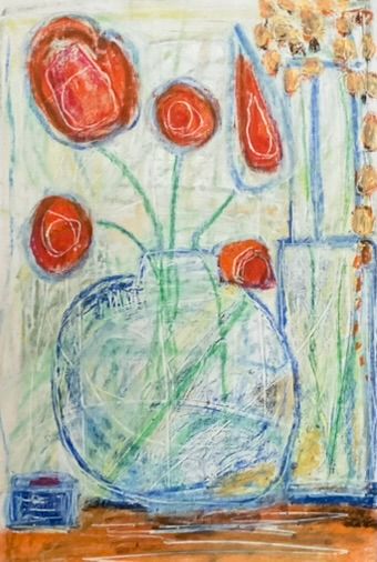 "Red Flowers in Vase"Abstract Oil
